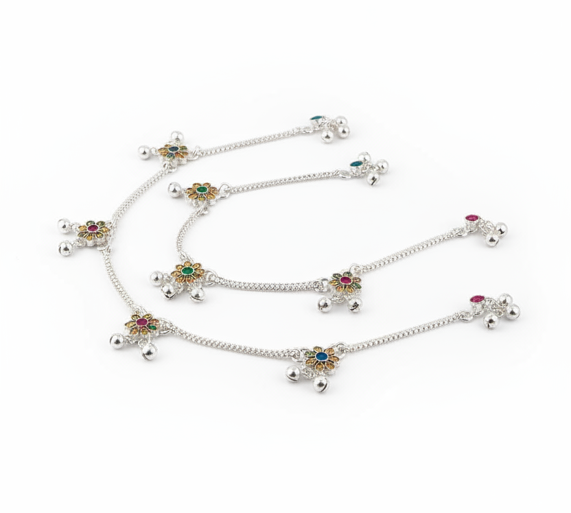 Royal Floral Kundan Silver Anklet – 99.9% Pure Silver – Adjustable – 29.48 g
