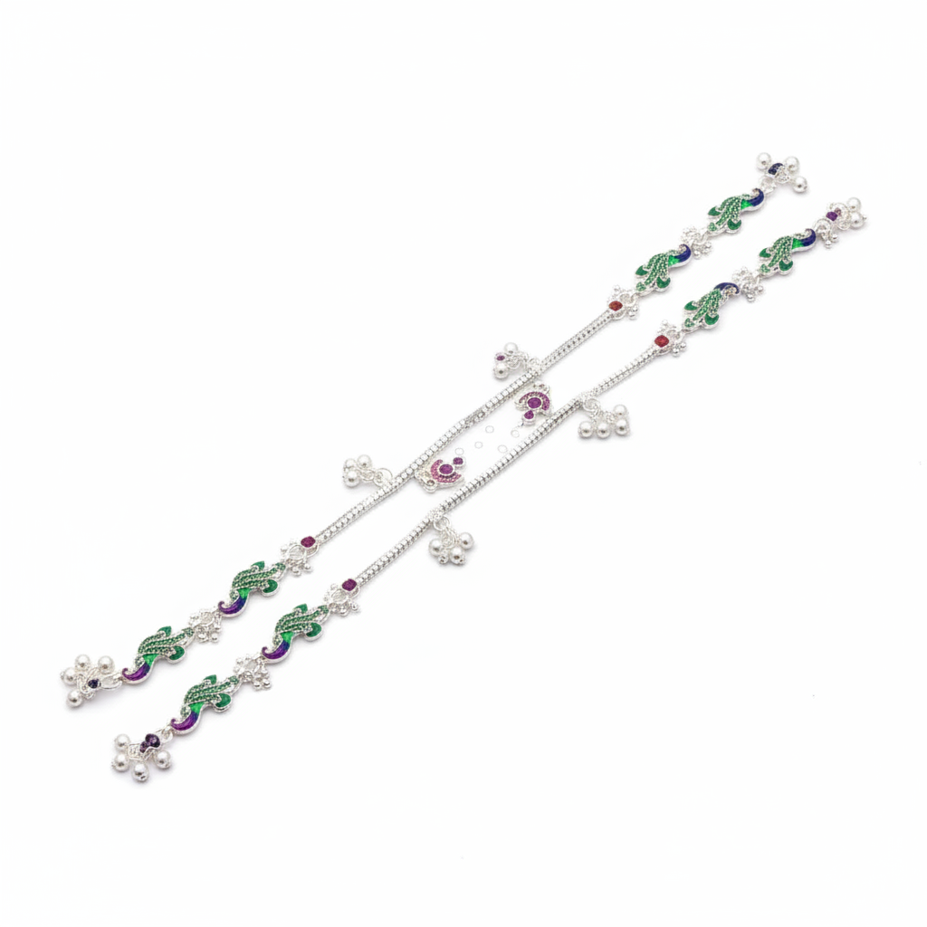 Royal Peacock Charm Anklet – 925 Sterling Silver – Multicolor Enamel Work – Adjustable – 36.76 g