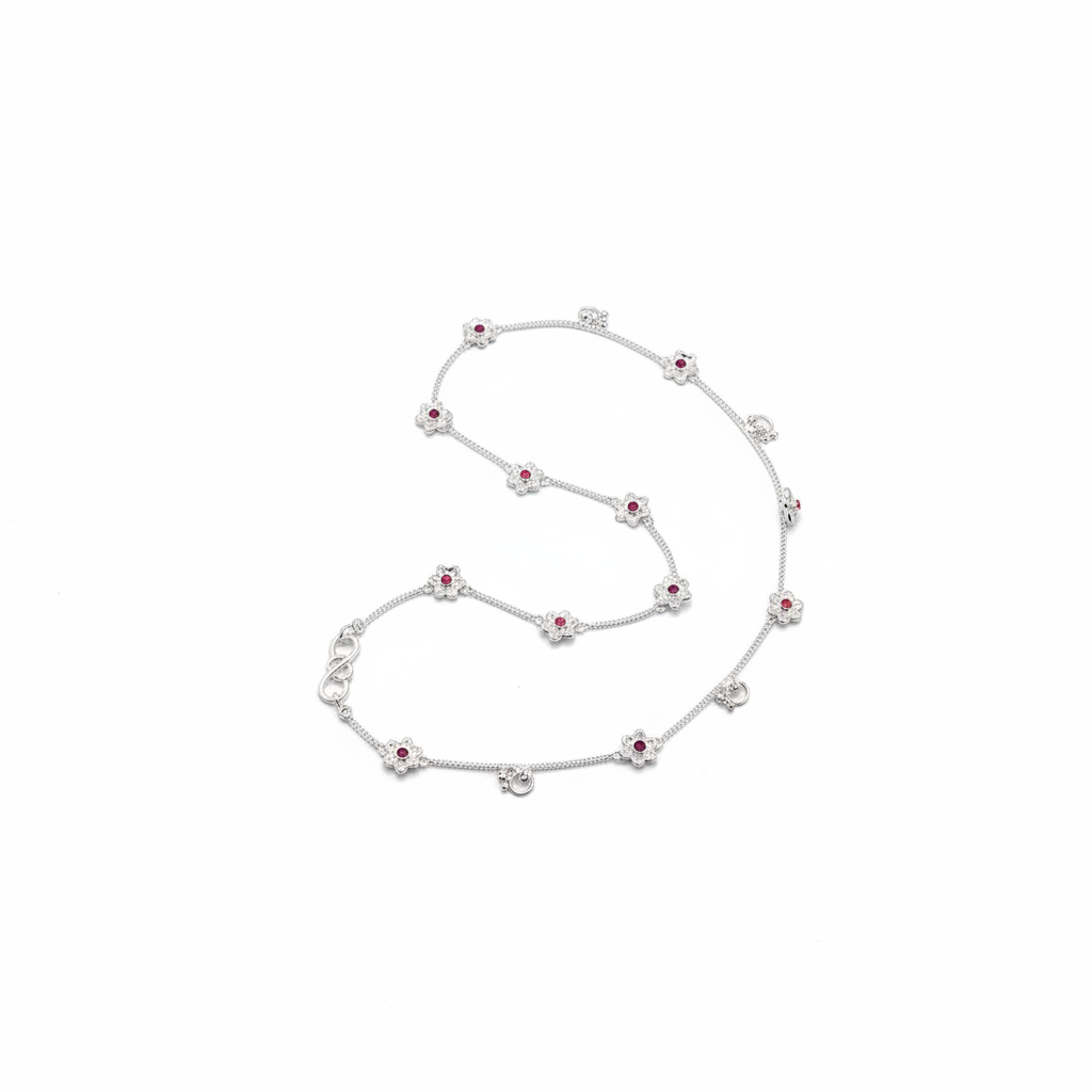 Ruby Blossom Double Chain Silver Anklet – 99.9% Pure Silver – Weight:25g