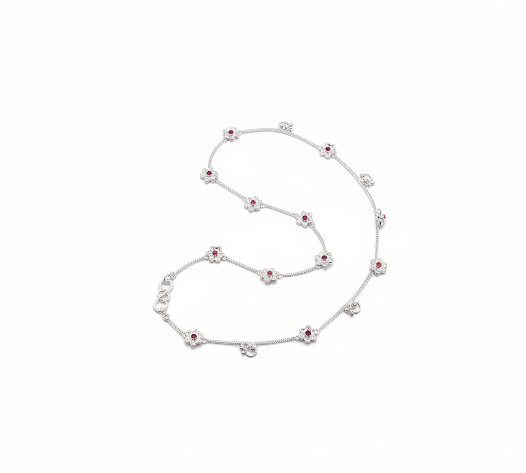 Ruby Blossom Double Chain Silver Anklet – 99.9% Pure Silver – Weight:25g