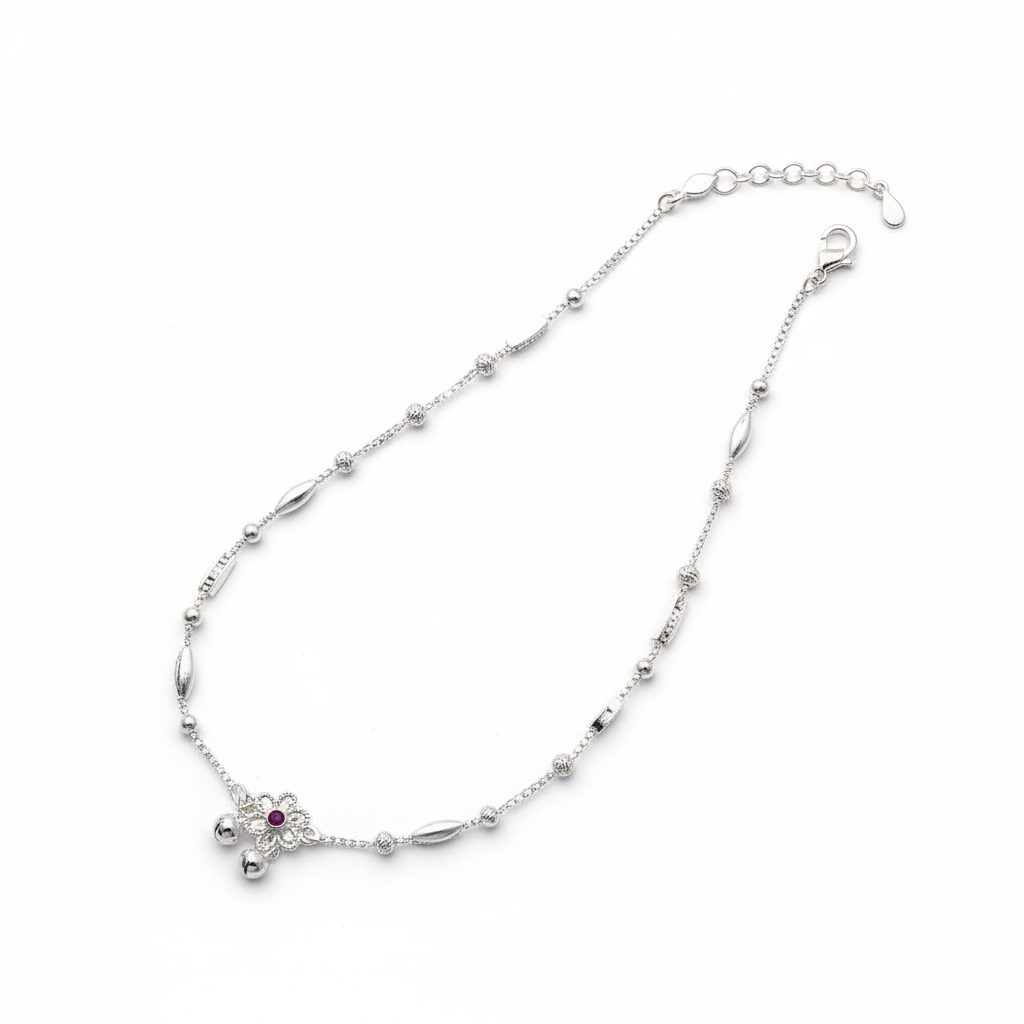 Ruby Touch Bar Silver Anklet – 99.9% Pure Silver – Adjustable – 16g