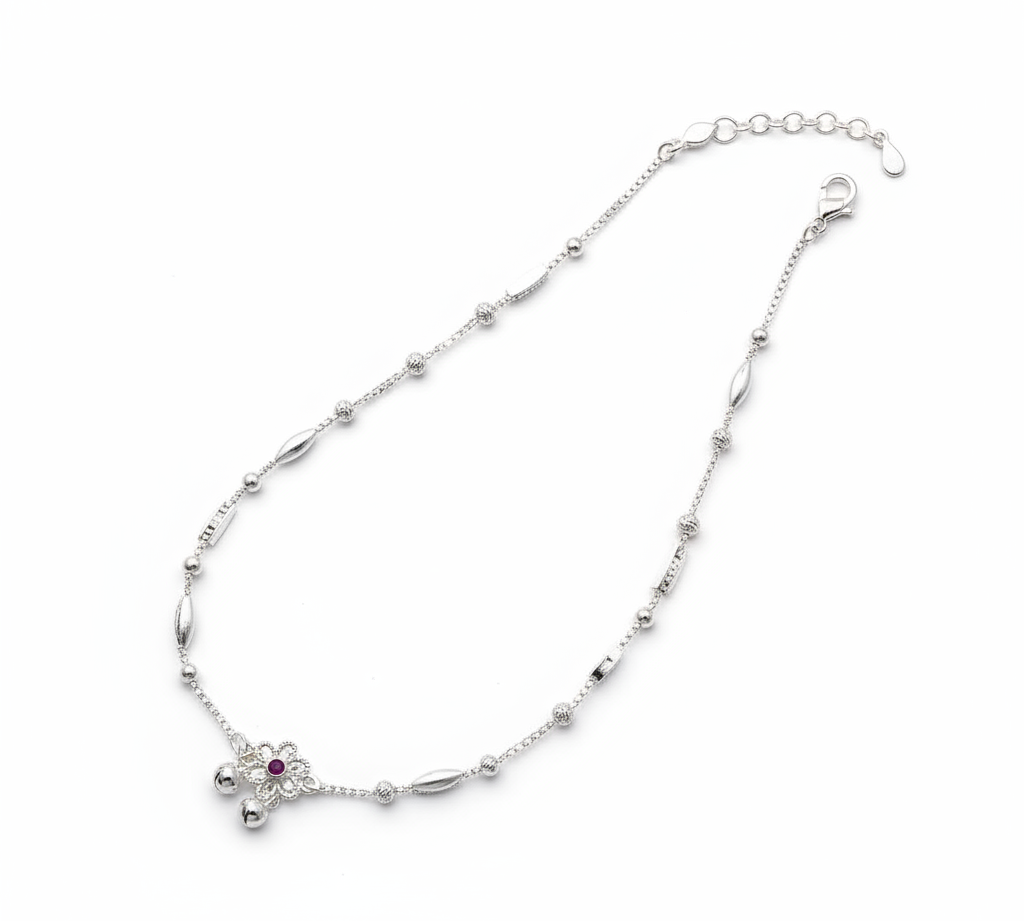 Ruby Touch Bar Silver Anklet – 99.9% Pure Silver – Adjustable – 16g