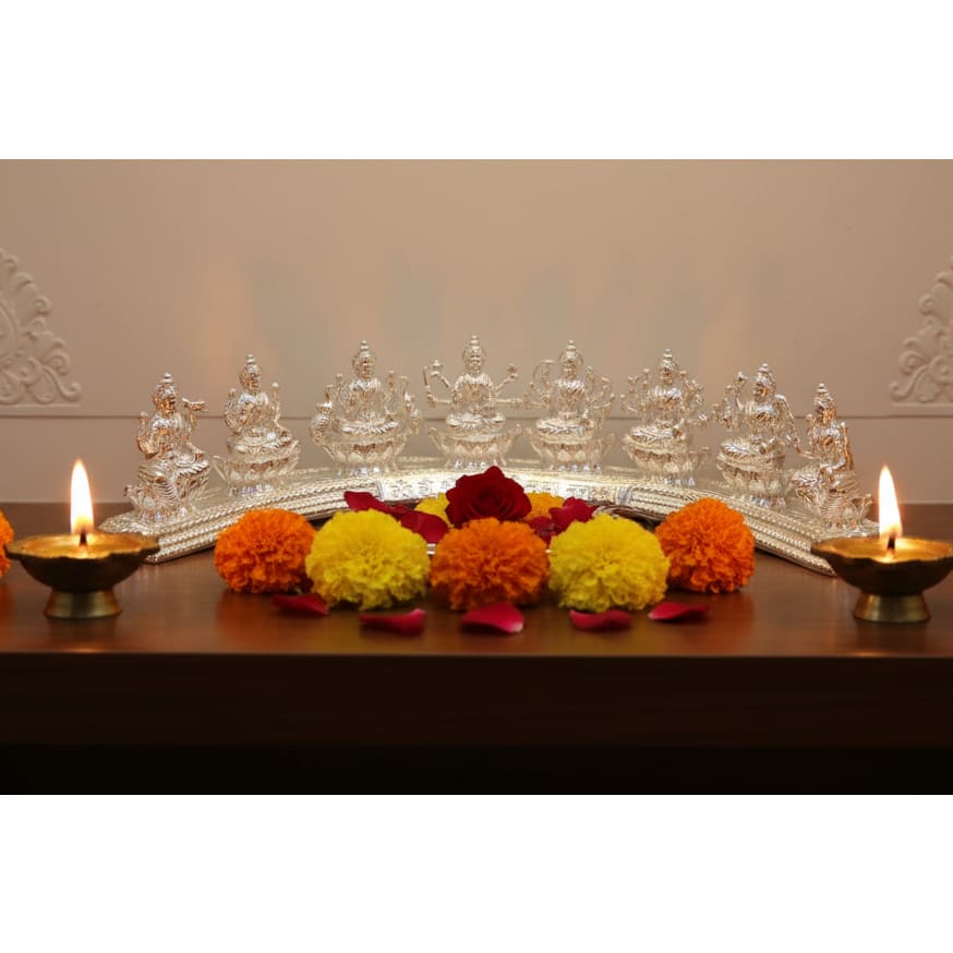 Silver Ashta Lakshmi Idol: Hindu Goddess Statue with Sanskrit Mantra
