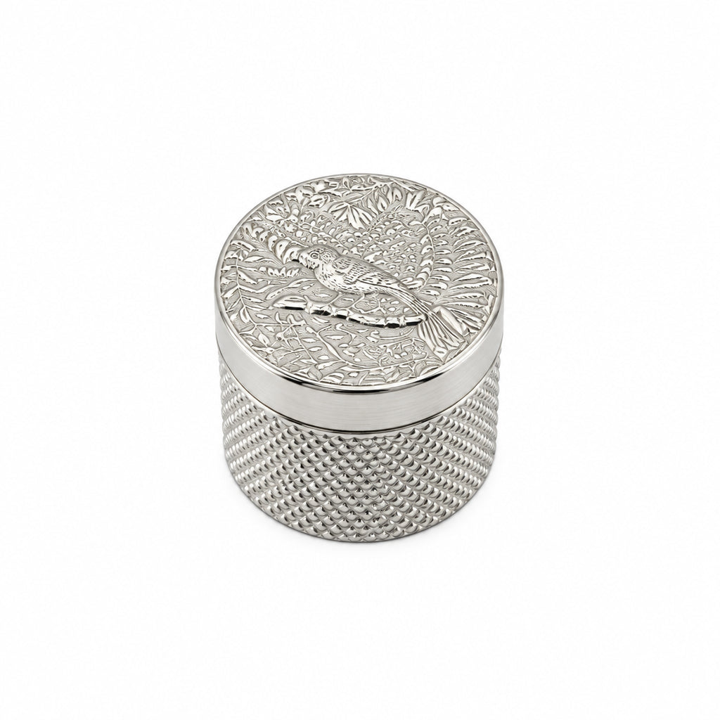 Silver Cylindrical Box Bird Engraved Handcrafted (11.45g)
