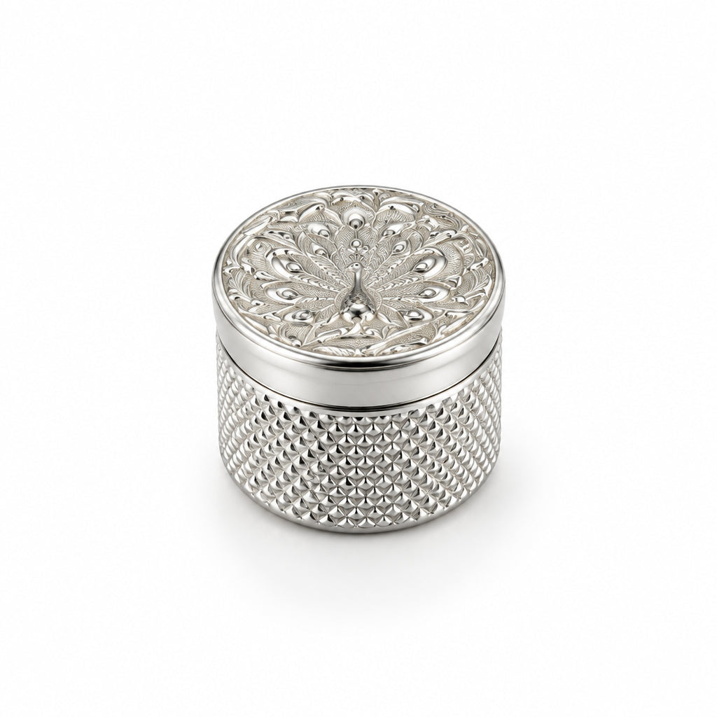 Silver Cylindrical Box Peacock Engraved Handcrafted (11.6g)