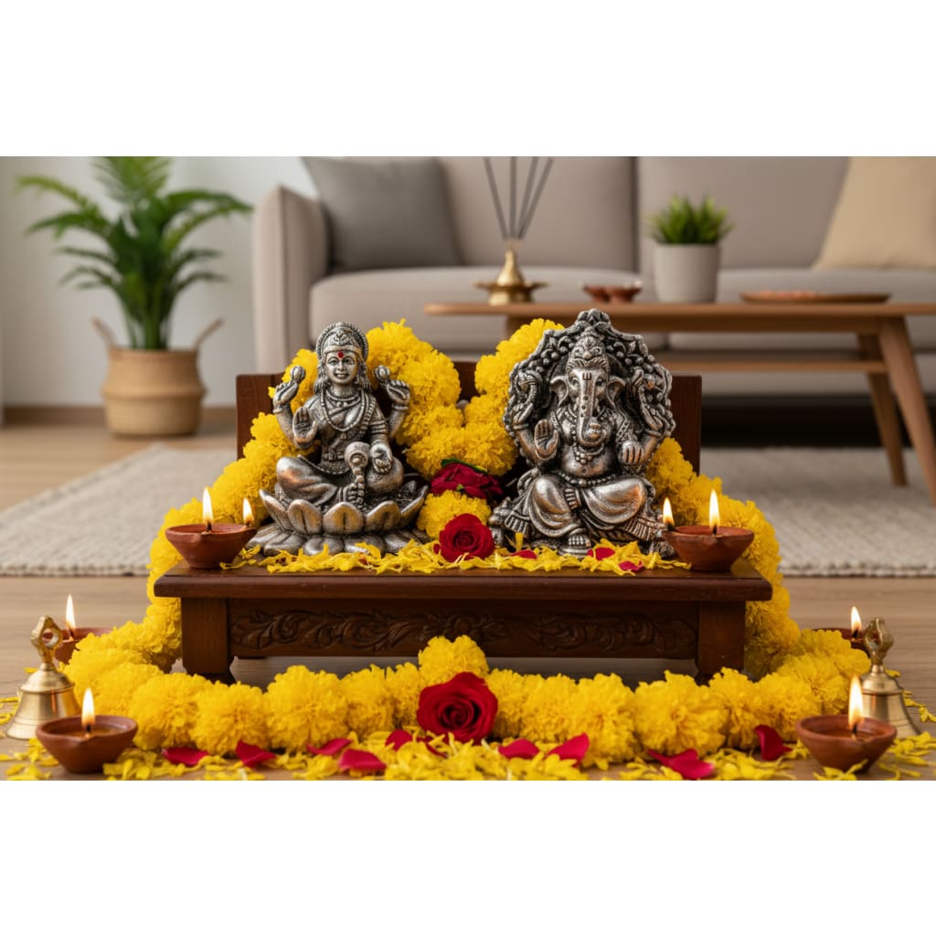 Silver Ganesh Lakshmi Idol 150gm – Spiritual Ganesh Lakshmi Murti for Temple Decor & Festivals