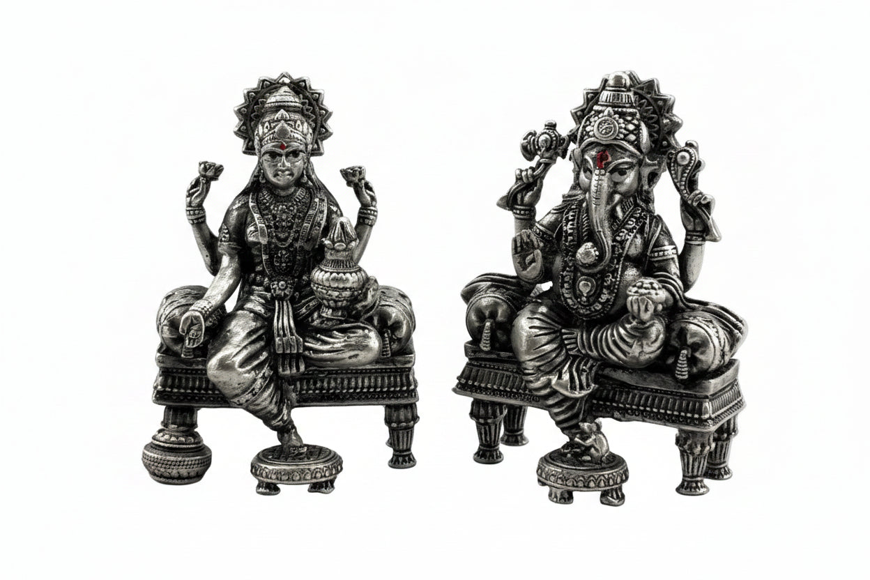 Silver Ganesh Lakshmi Idol 50gm – Spiritual Ganesh Lakshmi Murti for Temple Decor & Festivals
