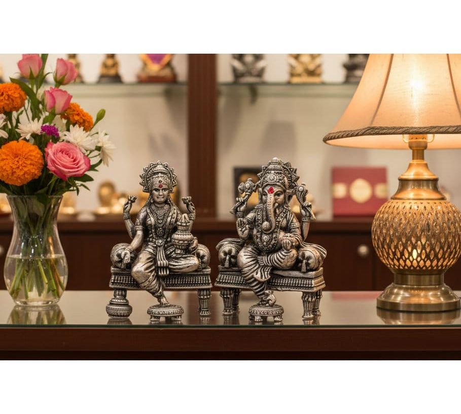Silver Ganesh Lakshmi Idol 50gm – Spiritual Ganesh Lakshmi Murti for Temple Decor & Festivals