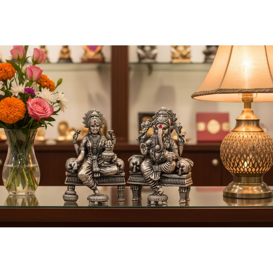 Silver Ganesh Lakshmi Idol 50gm – Spiritual Ganesh Lakshmi Murti for Temple Decor & Festivals