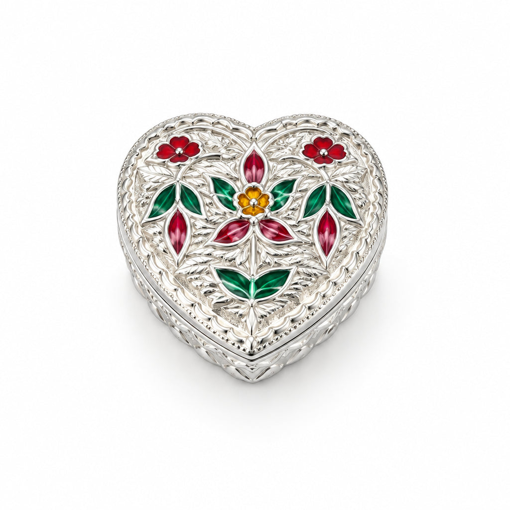 Silver Heart Box Floral Enamel Handcrafted (5.80g) – view 2