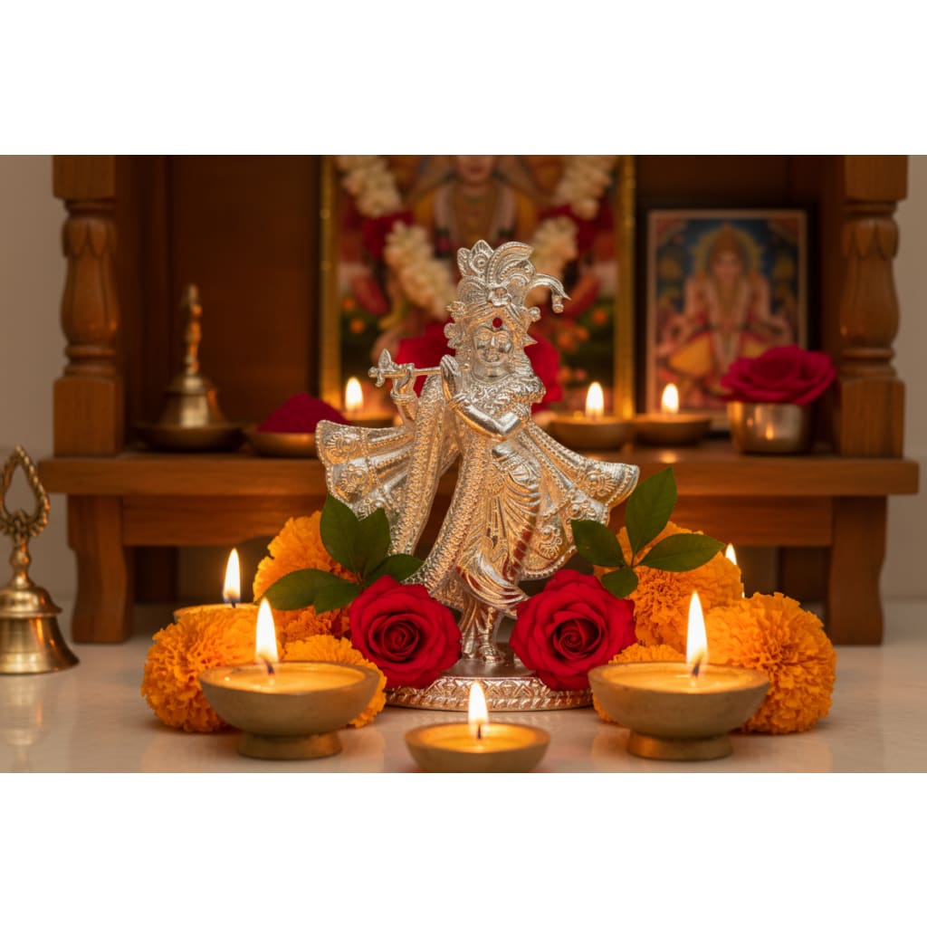 Silver Lord Krishna Idol – Spiritual Krishna Murti for Temple Decor & Festivals