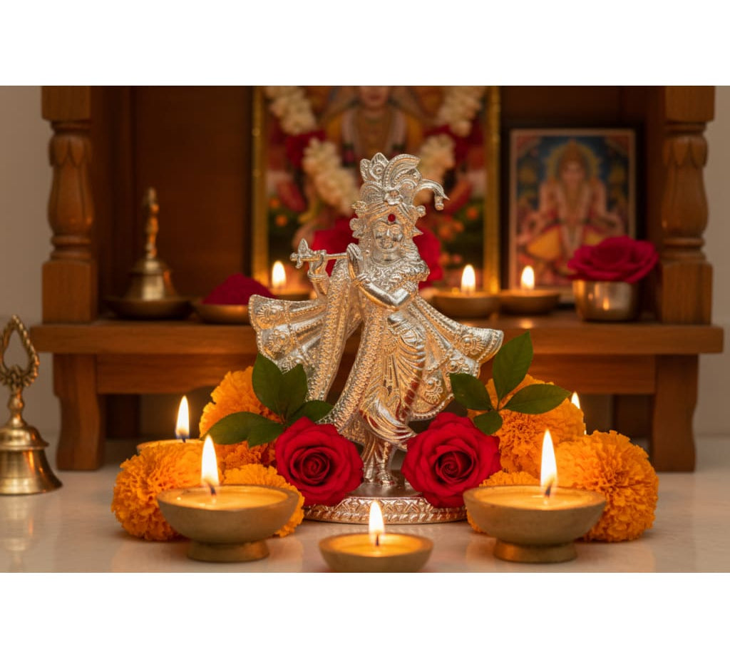 Silver Lord Krishna Idol – Spiritual Krishna Murti for Temple Decor & Festivals
