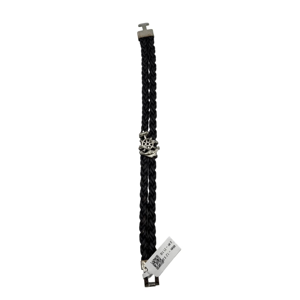 Silver Nautical Bracelet 925 – Black Braided Strap with Anchor & Ship Wheel Charm