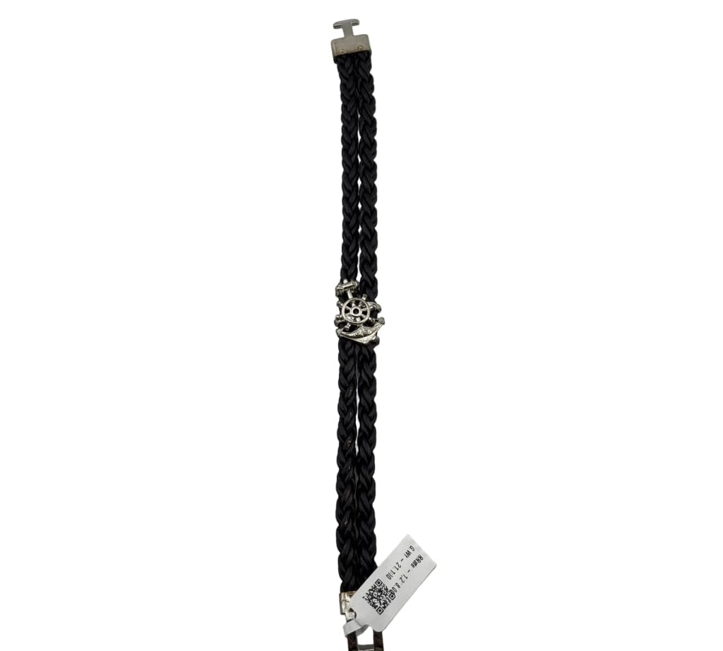 Silver Nautical Bracelet 925 – Black Braided Strap with Anchor & Ship Wheel Charm
