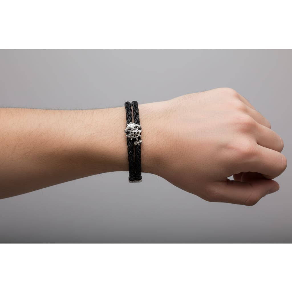 Silver Nautical Bracelet 925 – Black Braided Strap with Anchor & Ship Wheel Charm