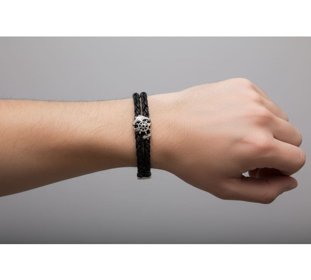 Silver Nautical Bracelet 925 – Black Braided Strap with Anchor & Ship Wheel Charm
