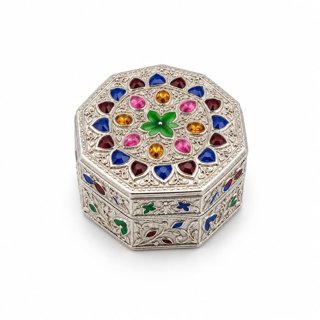 Silver Octagon Box Floral Enamel Handcrafted (13.64g) – view 2