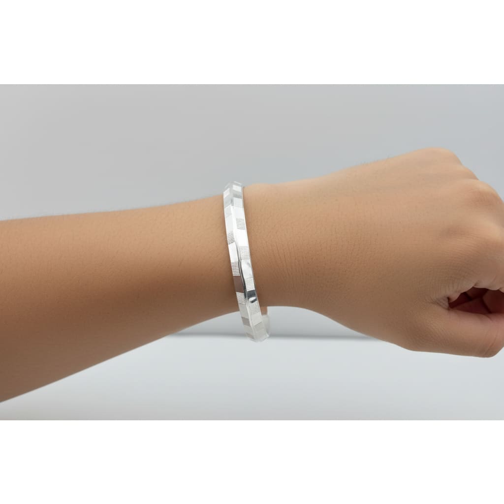 Silver Pattern Kada – 925 Sterling Silver Bracelet Geometric Textured Design Adjustable Bangle