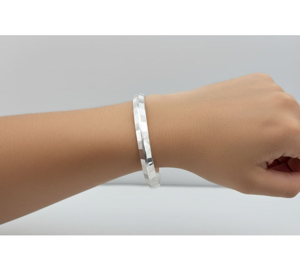 Silver Pattern Kada – 925 Sterling Silver Bracelet Geometric Textured Design Adjustable Bangle