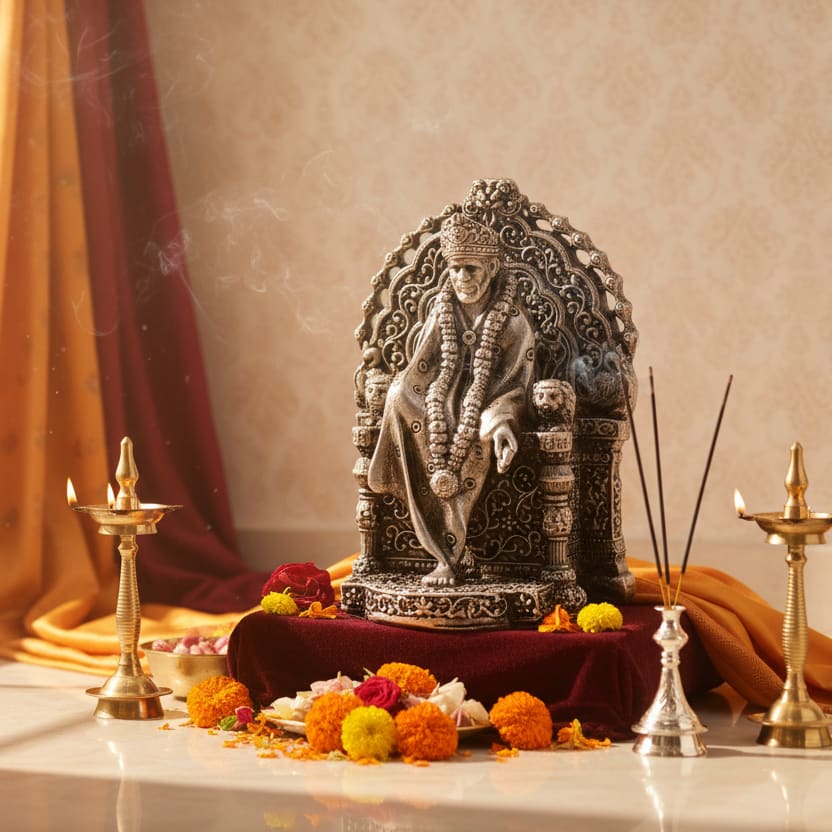 Silver Sai Baba Idol 35gm – Spiritual Sai Baba Murti for Temple Decor & Festivals