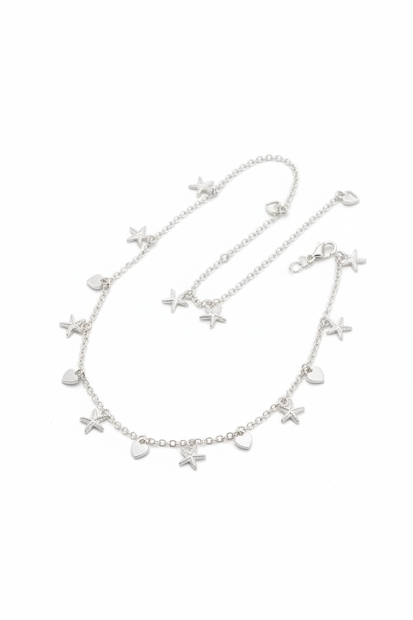 Star Heart Charm Silver Anklet – 99.9% Pure Silver – Adjustable – Lightweight Dual Chain-12g