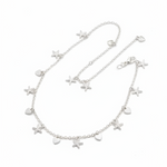 Star Heart Charm Silver Anklet – 99.9% Pure Silver – Adjustable – Lightweight Dual Chain-12g