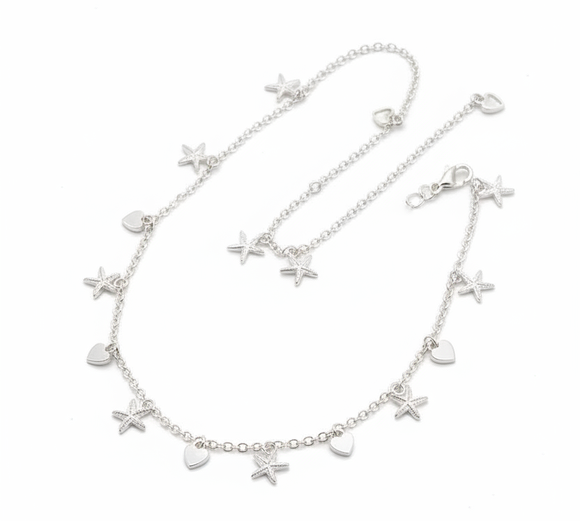 Star Heart Charm Silver Anklet – 99.9% Pure Silver – Adjustable – Lightweight Dual Chain-12g
