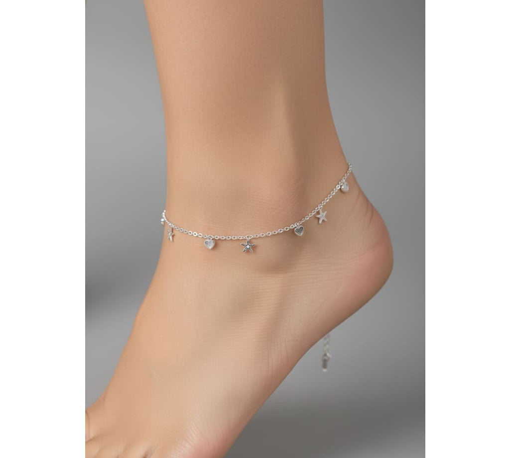 Star Heart Charm Silver Anklet – 99.9% Pure Silver – Adjustable – Lightweight Dual Chain – 12g