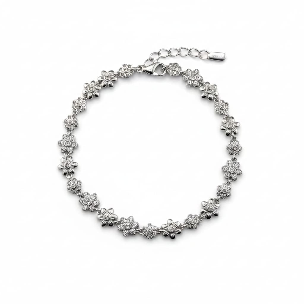 Sterling Silver (92.5% purity) Floral CZ Link Bracelet