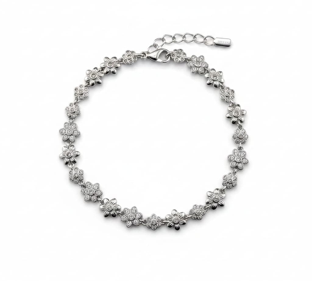 Sterling Silver (92.5% purity) Floral CZ Link Bracelet