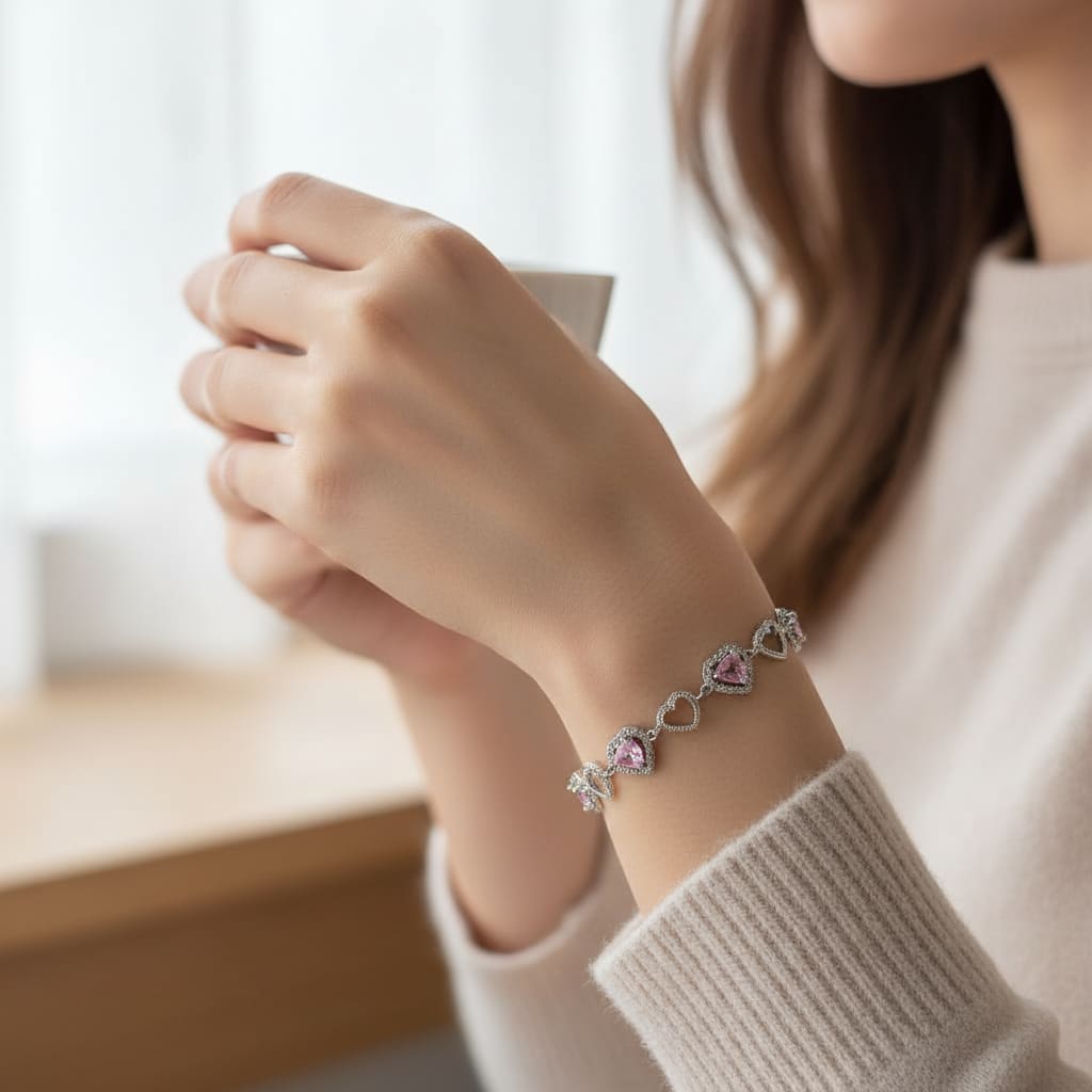 Sterling Silver (92.5% purity) Pink Heart CZ Bracelet