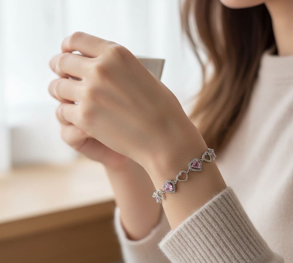 Sterling Silver (92.5% purity) Pink Heart CZ Bracelet