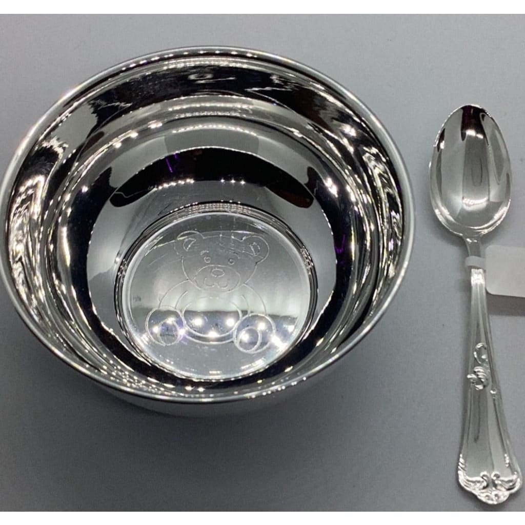Sterling Silver 925 Teddy bear Bowl and spoon set ~9CM