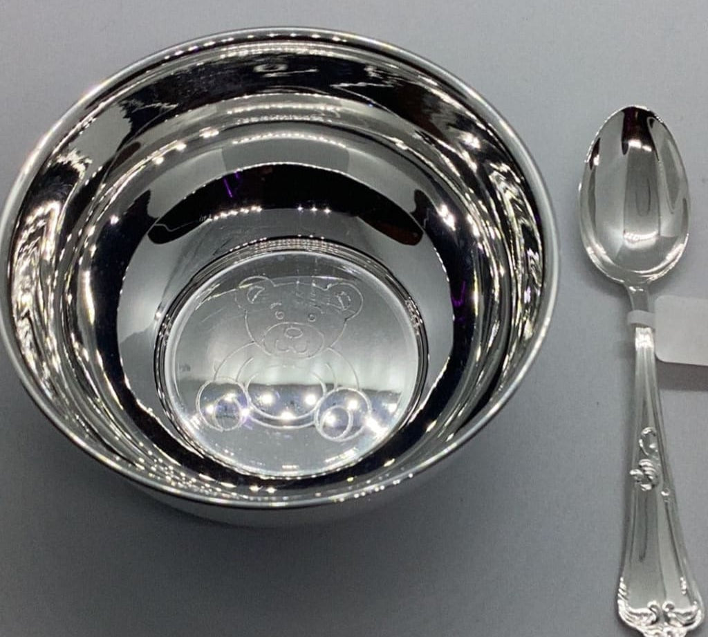 Sterling Silver 925 Teddy bear Bowl and spoon set ~9CM