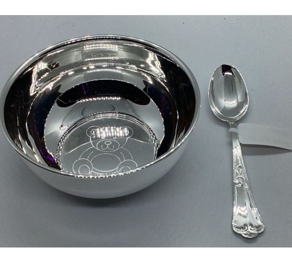 Sterling Silver 925 Teddy bear Bowl and spoon set ~9CM