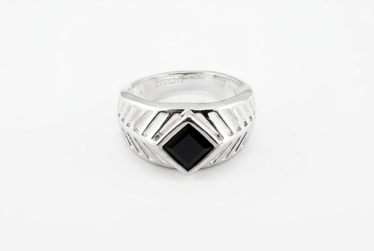 Sterling Silver Onyx Chevron Ring – view 6