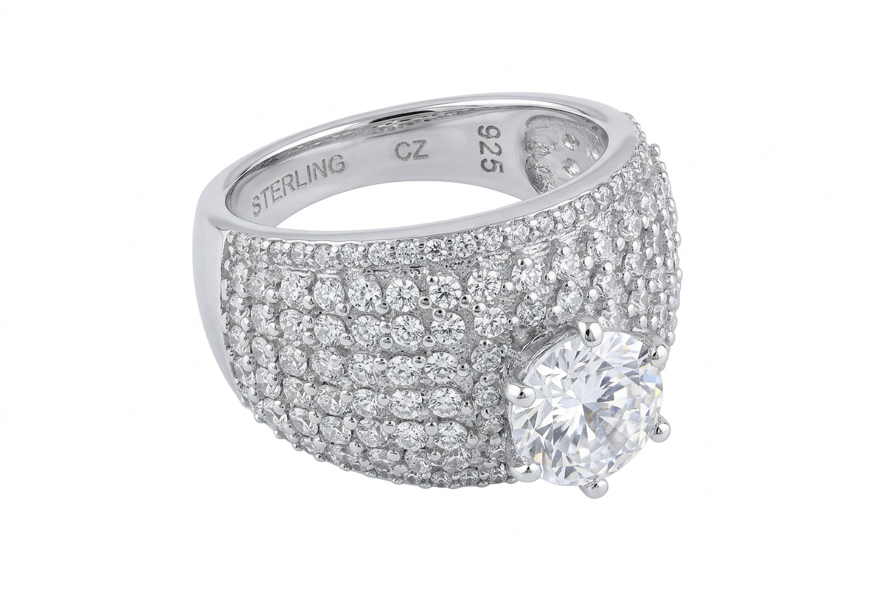 Sterling Silver Pave Halo Dome Ring (7.89g) - Size N – view 4