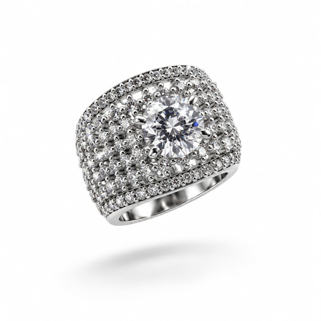 Sterling Silver Pave Halo Dome Ring (7.89g) - Size N