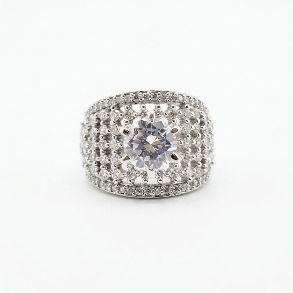 Sterling Silver Pave Halo Dome Ring (7.89g) - Size N – view 3
