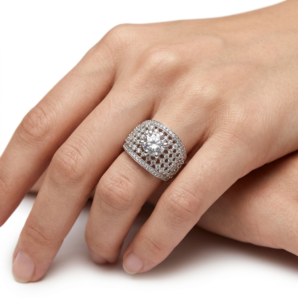 Sterling Silver Pave Halo Dome Ring (7.89g) - Size N – view 2