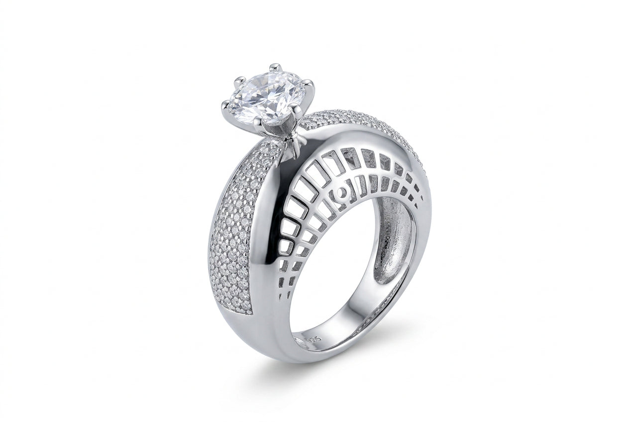 Sterling Silver Pave Solitaire Ring (12g) - Size O – view 4