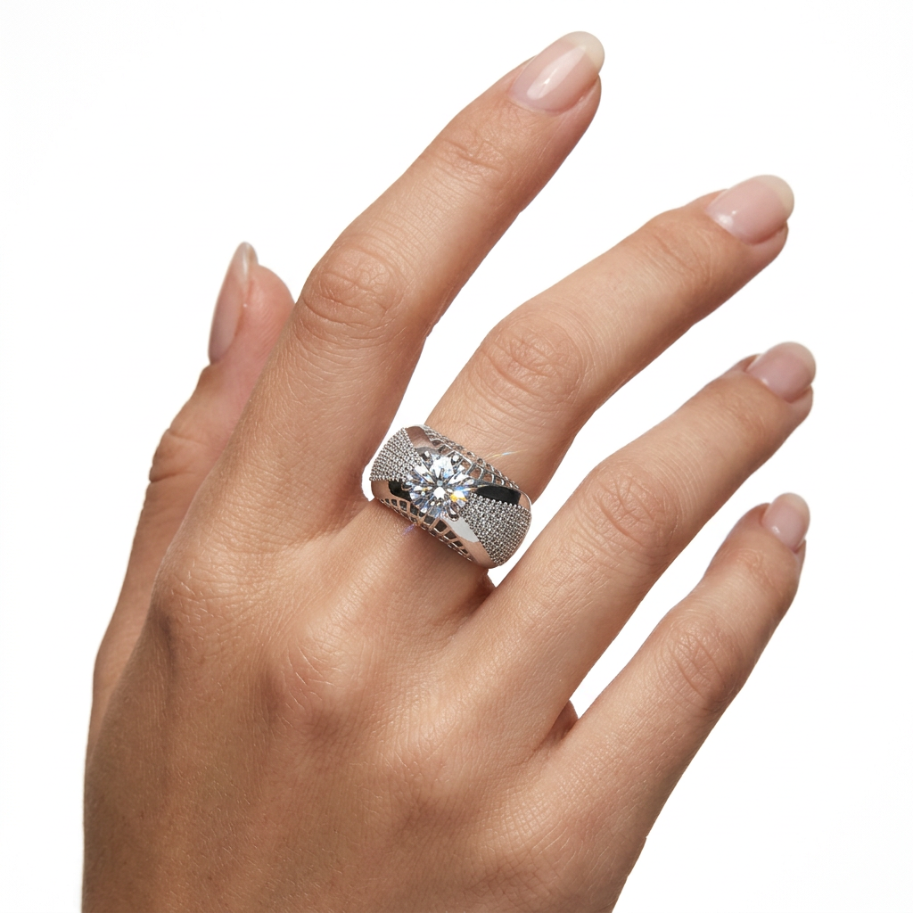 Sterling Silver Pave Solitaire Ring (12g) - Size O – view 2