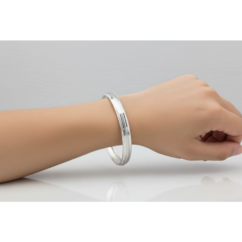 Striped Silver Kada – 925 Sterling Silver Bracelet Textured Band with Center Highlight Design