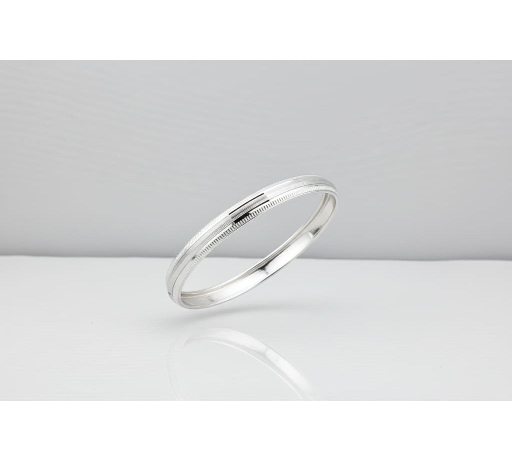Striped Silver Kada – 925 Sterling Silver Bracelet Textured Band with Center Highlight Design
