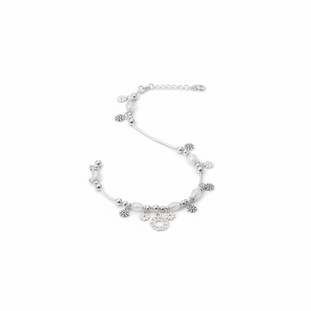 Sunburst Floral Charm Silver Anklet – 99.9% Pure Silver – Weight:16g