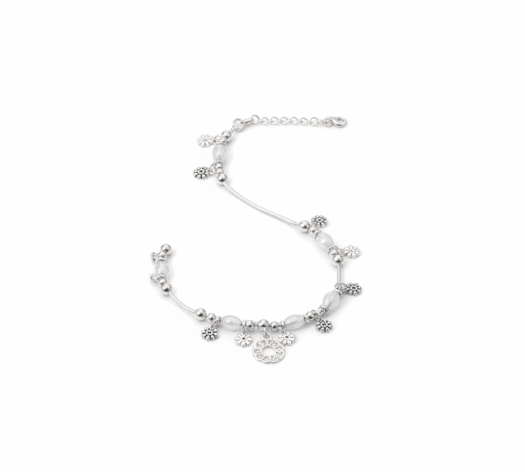Sunburst Floral Charm Silver Anklet – 99.9% Pure Silver – Weight:16g