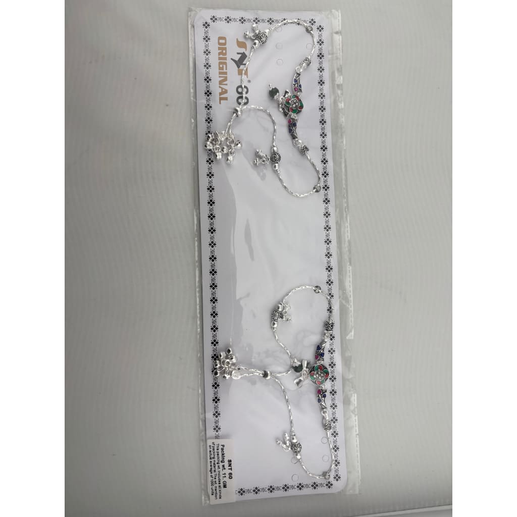Tribal Floral Charm Silver Anklet – 99.9% Pure Silver – Multicolor Stone – Adjustable