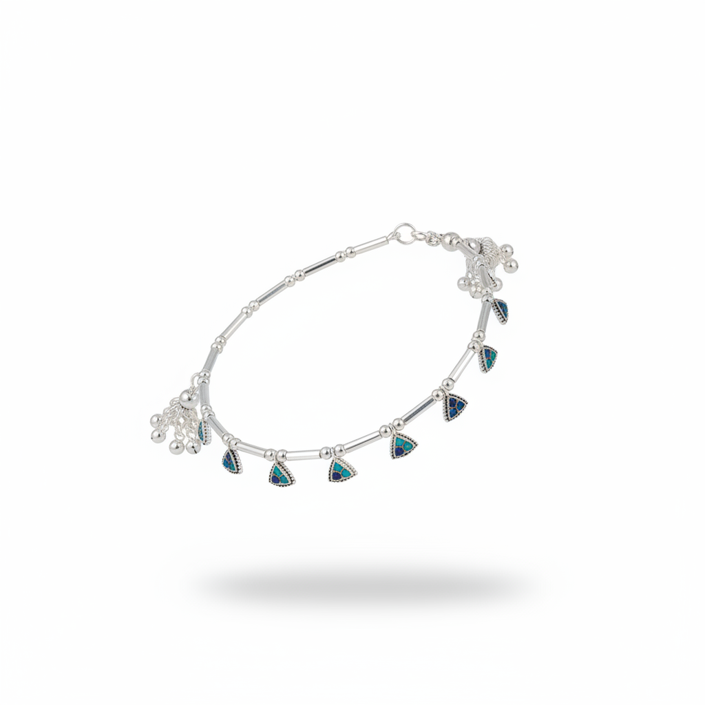 Tribal Triangle Charm Anklet – 925 Sterling Silver – Multicolor Traditional Design-26g
