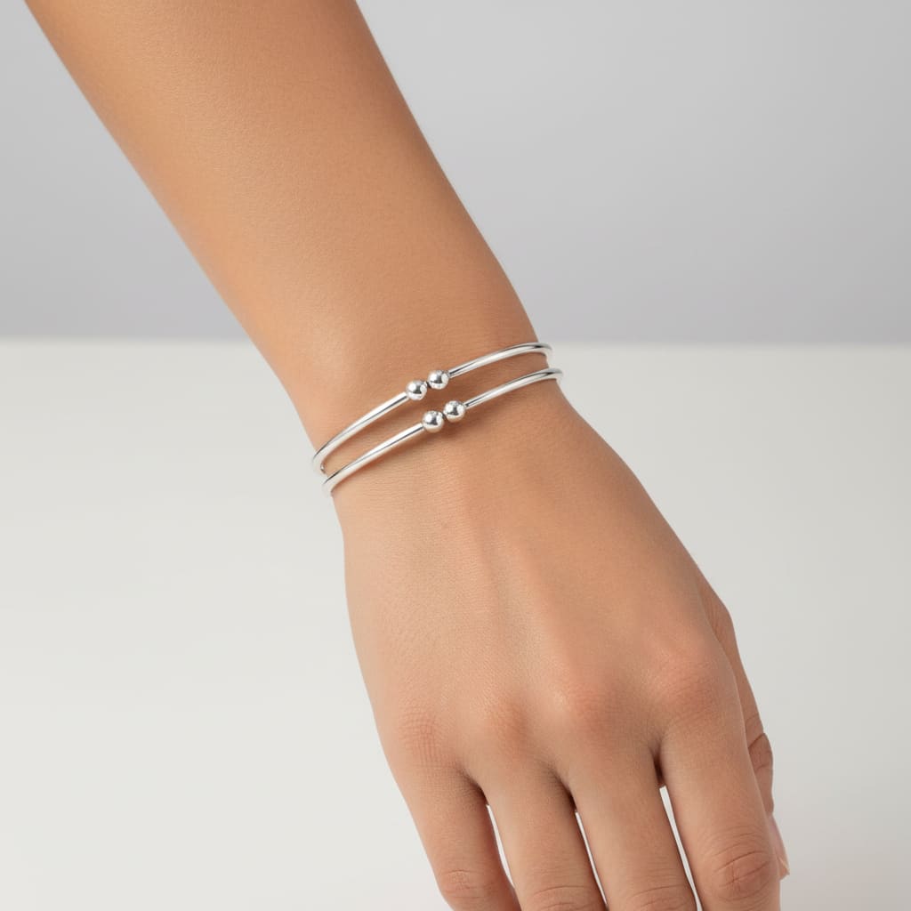Twin Bead Silver Kada Pair – 925 Sterling Silver Bracelet