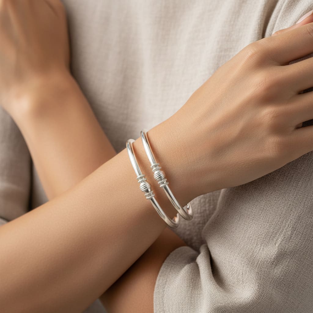 Twin Rope Bead Silver Kada Pair – 925 Sterling Silver